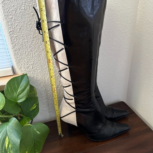 Vintage Black Leather White/Cream Suede w/Lace Detail Stiletto Boots - Picture 13 of 16